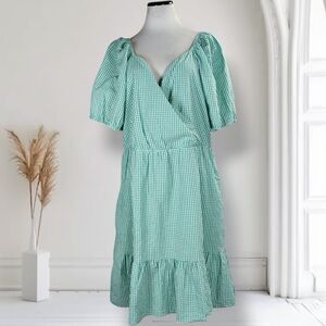 Draper James Wrap Short Dress XXL Green Seersucker GIngham Puff Sleeve Ruffle